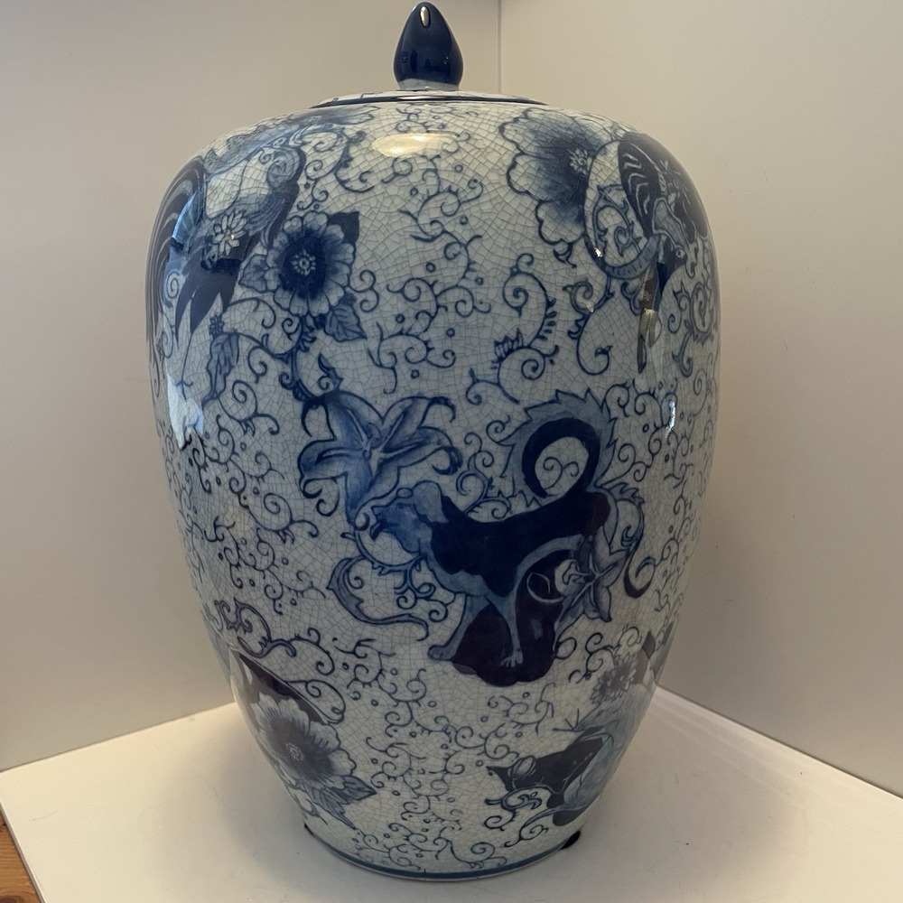 Chinoiserie Blue And White Porcelain 12" Ginger Jar - Siberian Tiger Motif